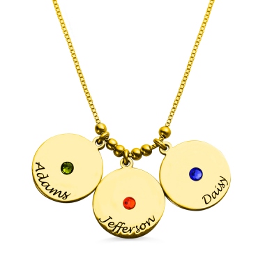 Family Disc and Birthstone Charm Name Necklace 18k Gold
