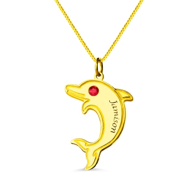 Dolphin Pendant Name Necklace med Birthstone 18 k guld