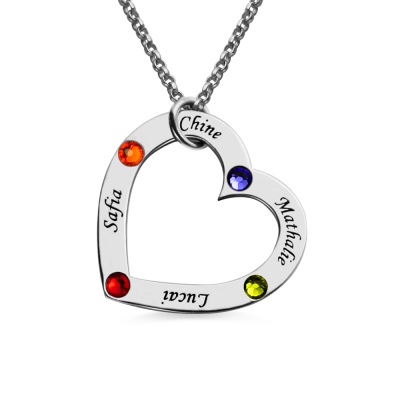 Family Necklace Mother's Heart Necklace with 4 Names & Birthstones Sterling Silver