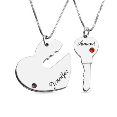 ISchlüssel/Schloss-Halskette für Ehepaare in Herzform mit zwei Geburtssteinen