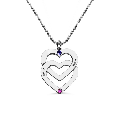 Double Heart Birthstone Necklace Engraved Names Sterling Silver