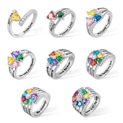 Engraved 1-8 Names and Birthstones Ring with Easy to Read Font