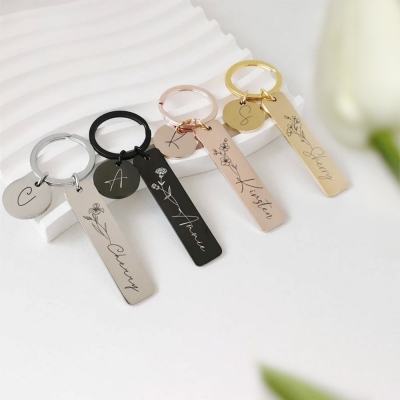 Custom Name Birth Flower Keychain, Stainless Steel Bar Keyring with Initial Disc for Tote, Purse, Bag, Birthday/Mother's Day/Christmas Gift for Women