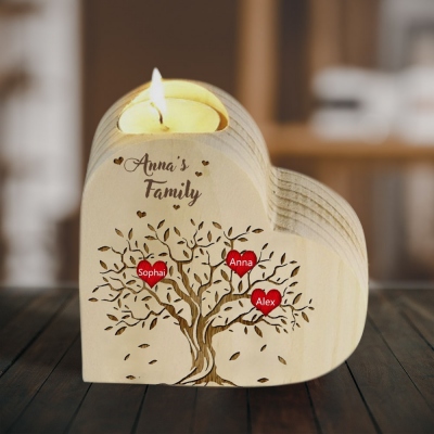 Bougeoirs personnalisés pour arbre généalogique avec 3 à 10 noms, bougeoirs en forme de cœur en bois, décoration d'intérieur, cadeaux souvenirs/cadeaux de Noël pour maman/papa/grand-mère