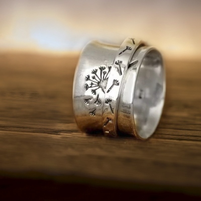 Dandelion Flower Fidget Spinner Ring, Sterling Silver 925 Anxiety Ring, Regalo per lei, Regalo di festa, Regalo personalizzato per un amico