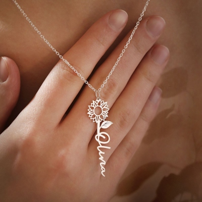 Personalisierte Namenskette Sonnenblume, Sterling Silber 925 Halskette, zierliche Namenskette, Sonnenblume Geschenke für Frauen, Geburtstags-/Muttertagsgeschenk