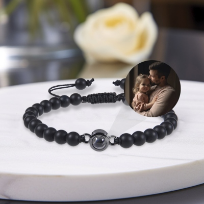 Bracelet en œil de tigre avec projection de photo personnalisée, bracelet en perles de pierre biliaire noire avec image à l'intérieur, cadeau d'anniversaire/anniversaire/fête des pères pour homme