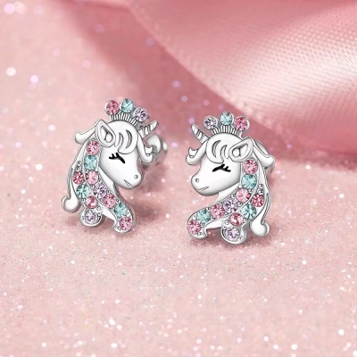 Unicorn Earrings with Zircon, Prince/Princess Earrings, Sterling Silver 925 Earrings, Gifts for kids/Girl/Daughter