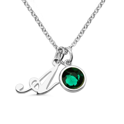 Personalized Birthstone Initial Letter Necklace Sterling Silver