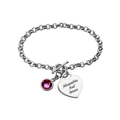 Heart Charm Bracelet with Birthstone & Name in Sterling Silver