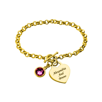 Birthstone Charm Heart Shaped Gold Bracelet with Name Engraved  