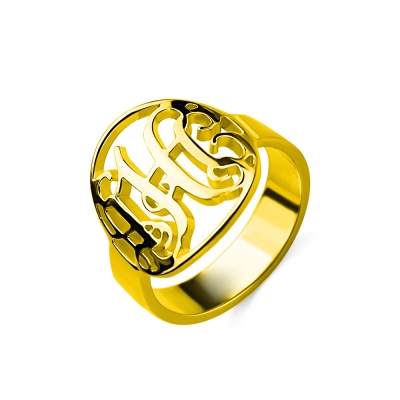 Custom Circle Cut Out Monogrammed Ring 18K Gold Plated