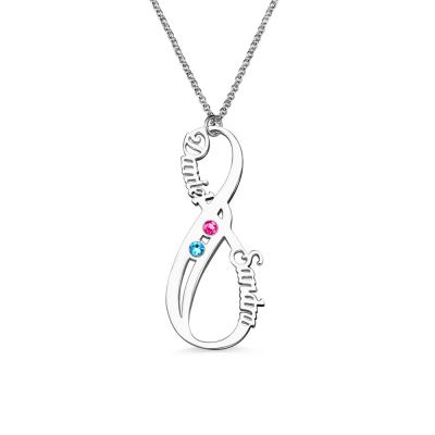 Customized Infinity Eternity Double Names Birthstone Necklace In Sterling Silver