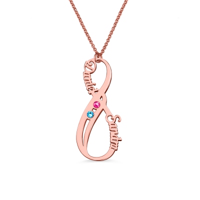 Customized Vertical Infinity 2 Names And Birthstones Necklace In Rose Gold