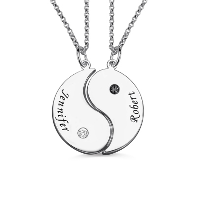 Gifts for Him & Her: Yin Yang Birthstone Charmed Necklace Set with Names