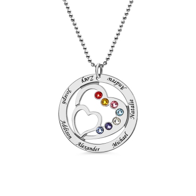 Mom's Heart in Heart Necklace with 7 Kids Names & Birthstones