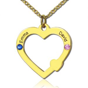 18k Gold Open Heart Necklace with Double Names & Birthstones
