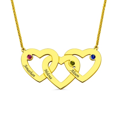 Three Hearts Family Name Birthstones Necklace In Gold
