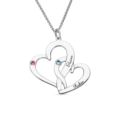 Two Interlocking Heart Necklace with Name and Birthstone 