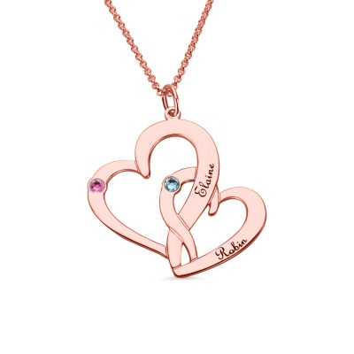 Interlocking Two Hearts Name Necklace with Birthstone Rose Gold