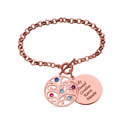 Rose Gold Engraved Name & Birtshtone Family Tree Bracelet