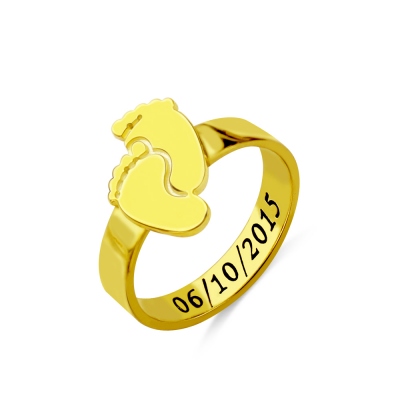 Engraved Baby Feet Ring For Mom 18K Gold Plated Silver