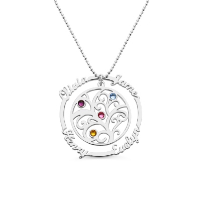 Silver Birthstone Family Tree Necklace with Names for Mothers