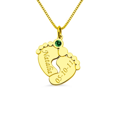Engraved Birthstone Baby Feet Necklace with Name & Birthday