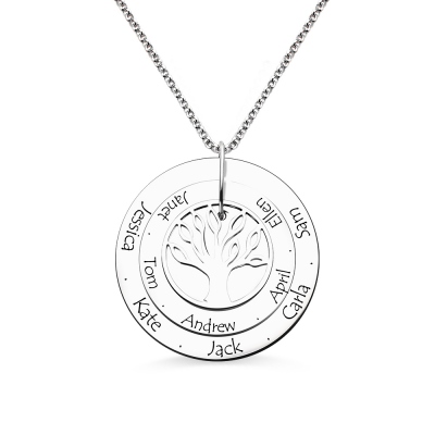 Sterling Silver Disc Family Tree Name Necklace for Grandma