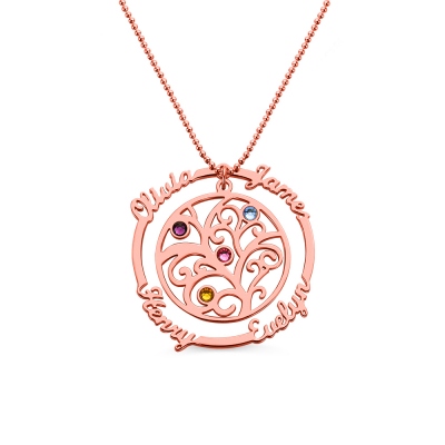 Grandma Birthstone Family Tree Necklace with Name Rose Gold