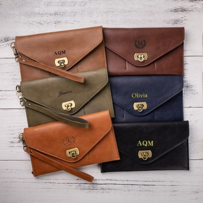 Personalized Leather Clutch Wristlet Wallet