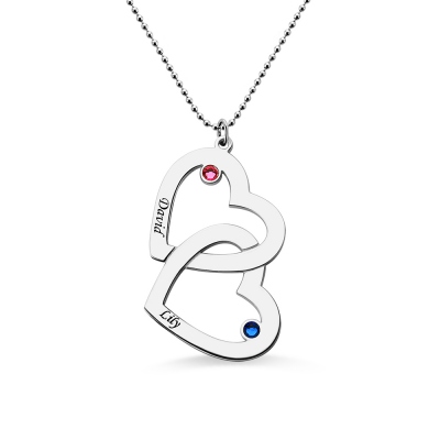 Two Hearts Name Necklace with Birthstones Sterling Silver
