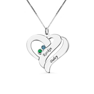 2 Hearts & Birthstones Love Necklace with Names on It