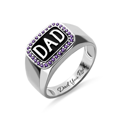 Men's Birthstone DAD Ring Platinum Plated Silver