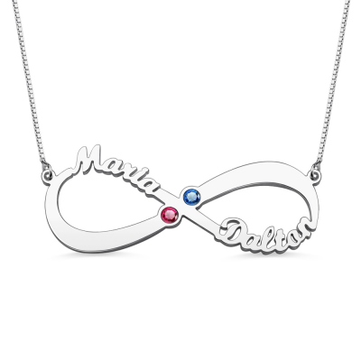 2 namn och födelsestenar Infinity Love Necklace Sterling Silver