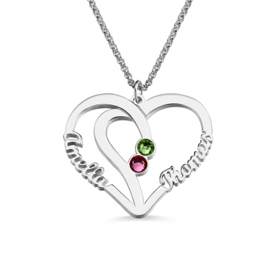 Open Heart Necklace with Two Birthstones & Names
