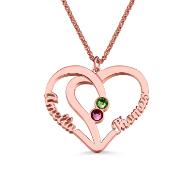 Heart Names Necklace with Two Birthstones In Rose Gold