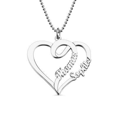 Double Heart Love Necklace With Two Names Sterling Silver