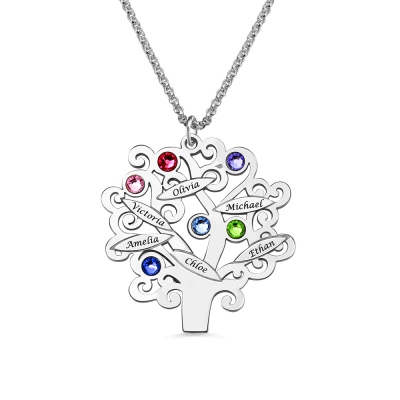 Individualisierte Halskette mit Familienbaum, Kindsnamen und Geburtssteinen, Sterling Silber