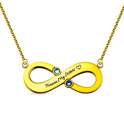 Engraved Infinity Necklace With Two Birthstones Gold Plated Silver