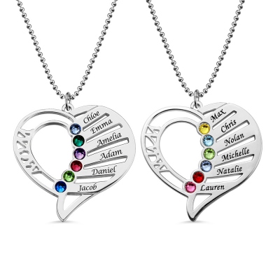 Engraved Sterling Silver Heart Mother Birthstones Necklace 