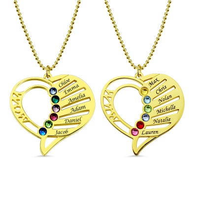 Heart Multi Stones & Name Mother's Necklace In Gold