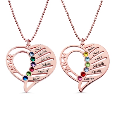 Engraved Heart Mother Birthstones Names Necklace In Rose Gold