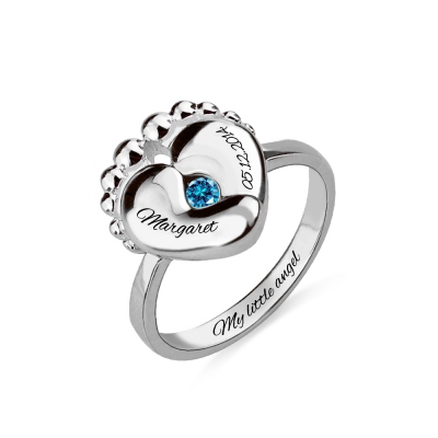 Engraved Baby Feet Birthstone Ring For New Mom Silver