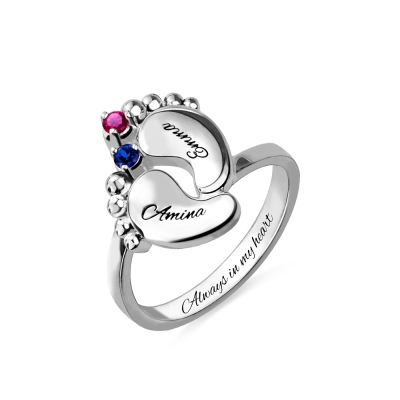 Engraved Baby Feet Birthstone Name Ring for Mom Platinum Plated