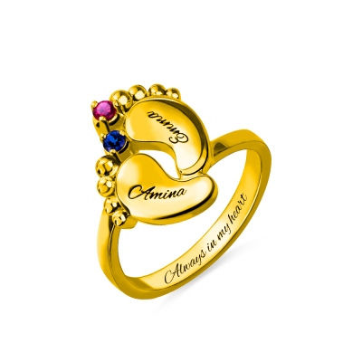 Custom Mother's Birthstones Baby Feet Ring Gold Plated