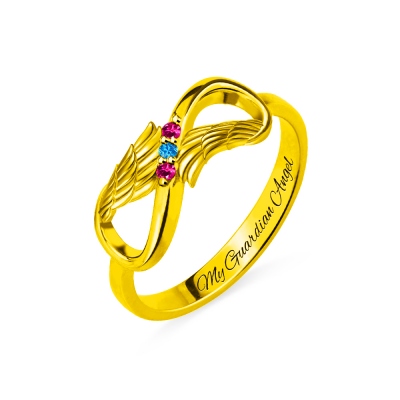 Three Stone Infinity Ring with Angel Wings In Gold