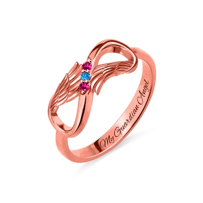 Three Stone Infinity Ring with Angel Wings In Rose Gold