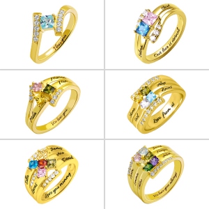 Personalized 1-6 Square Birthstone Ring with Engraving in Gold
