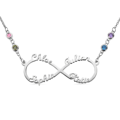 Customized 4 Names Infinity Silver Necklace with Birthstones 